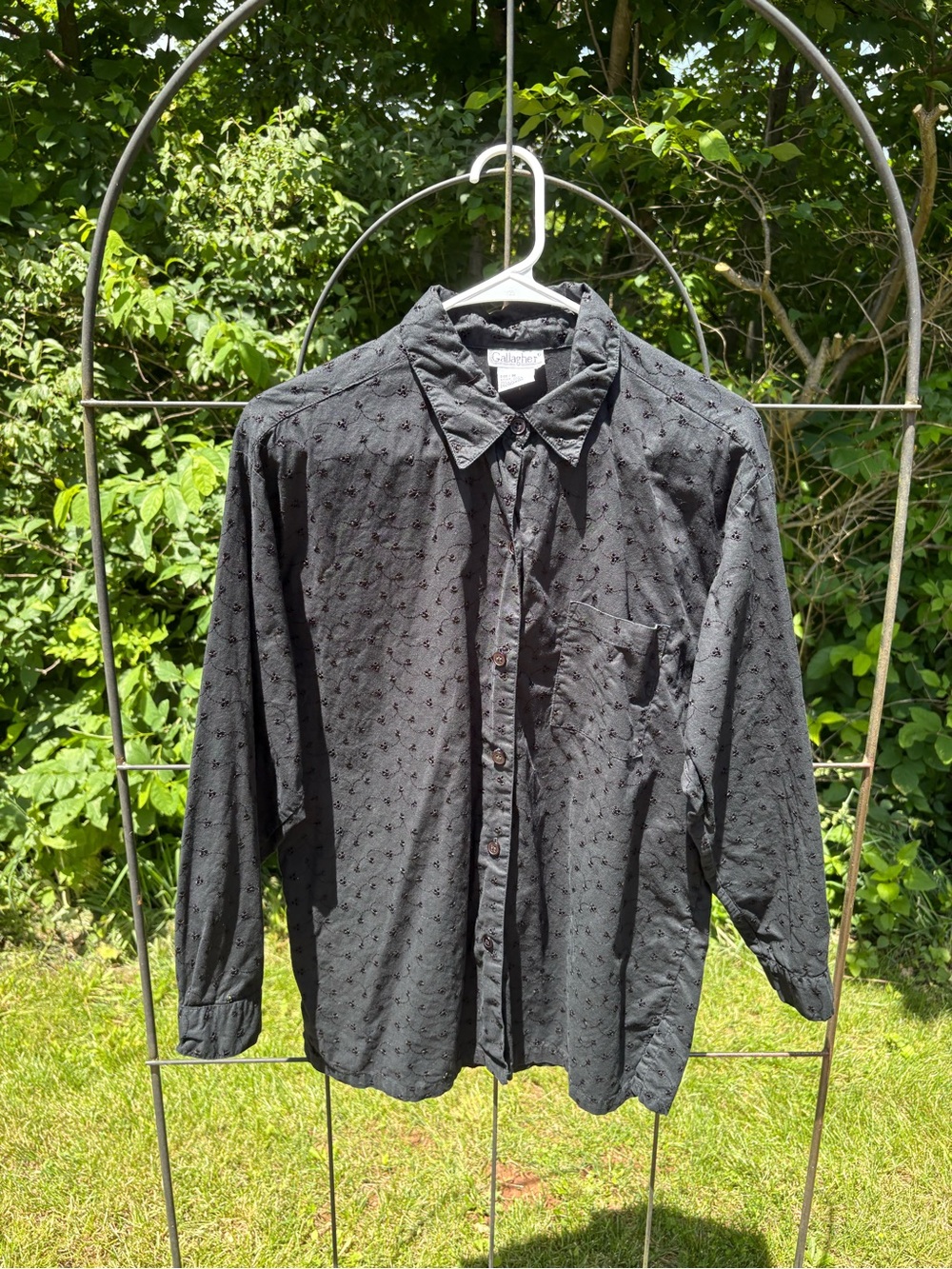 Women’s Black Button-Down Eyelet Shirt Long Sleeve Vintage Gallagher Cotton Med